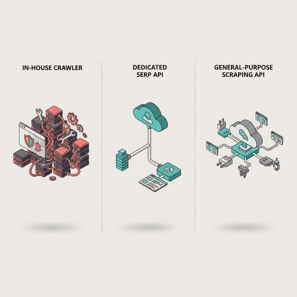 競合構図：自前クローラ vs 専用 SERP API vs 汎用スクレイピング